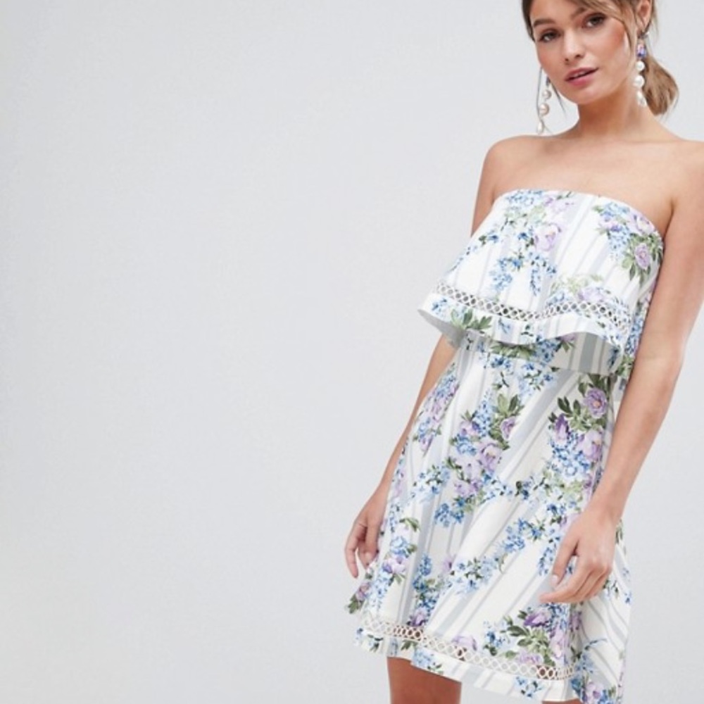 ASOS DESIGN floral stripe bandeau ruffle dress